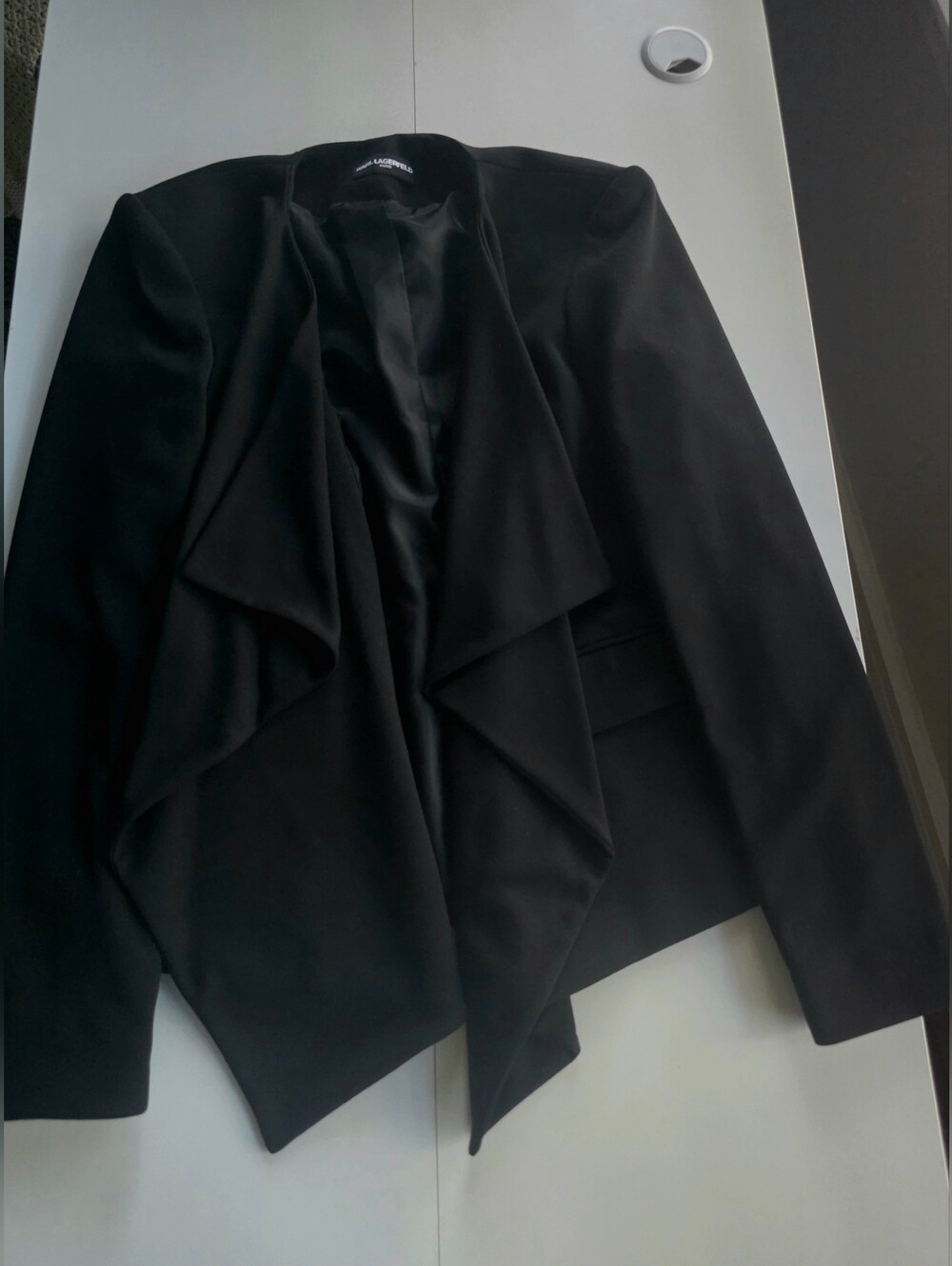 Karl Lagerfeld Paris Black Open Front Cascade Draped Blazer Jacket